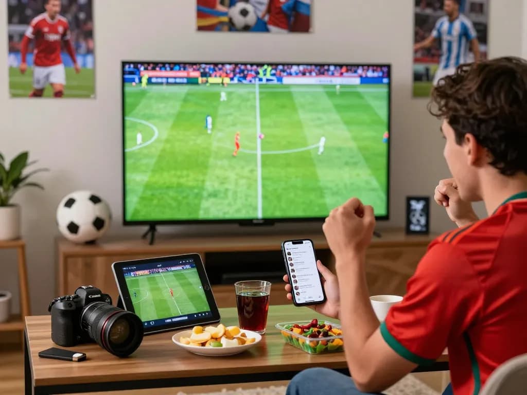 Xoilac viewer enjoying live soccer streaming with engaging atmosphere, showcasing multiple screens and memorabilia.