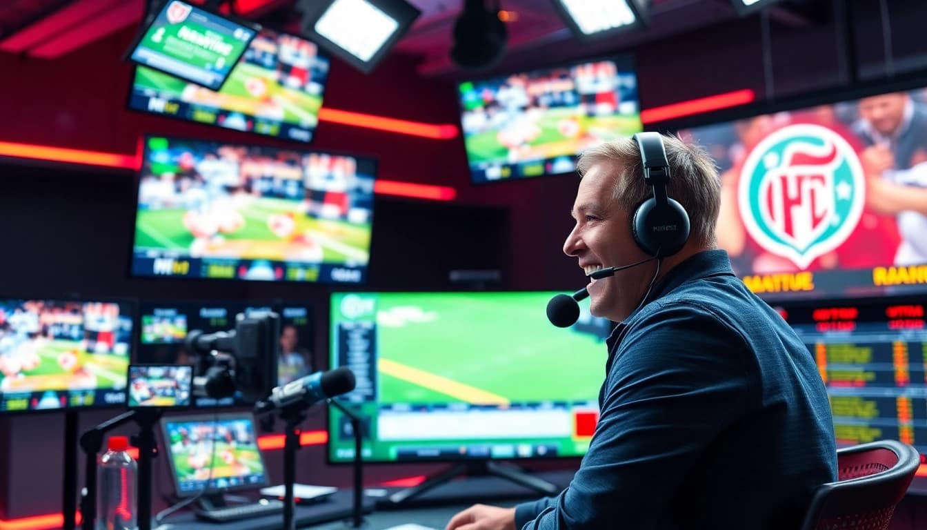 Engaging sports broadcasting scene with an enthusiastic commentator, showcasing live sports action.