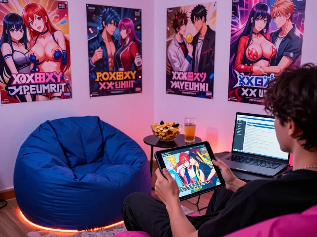 Player enjoying a porngame on a tablet in a cozy gaming nook, surrounded by colorful posters and snacks.