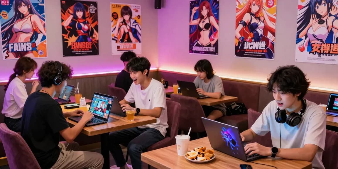 Players enjoying free hentai games in a vibrant gaming café setting with multiple devices.
