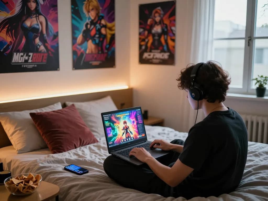 Enjoying engaging hentai games in a cozy bedroom setting.