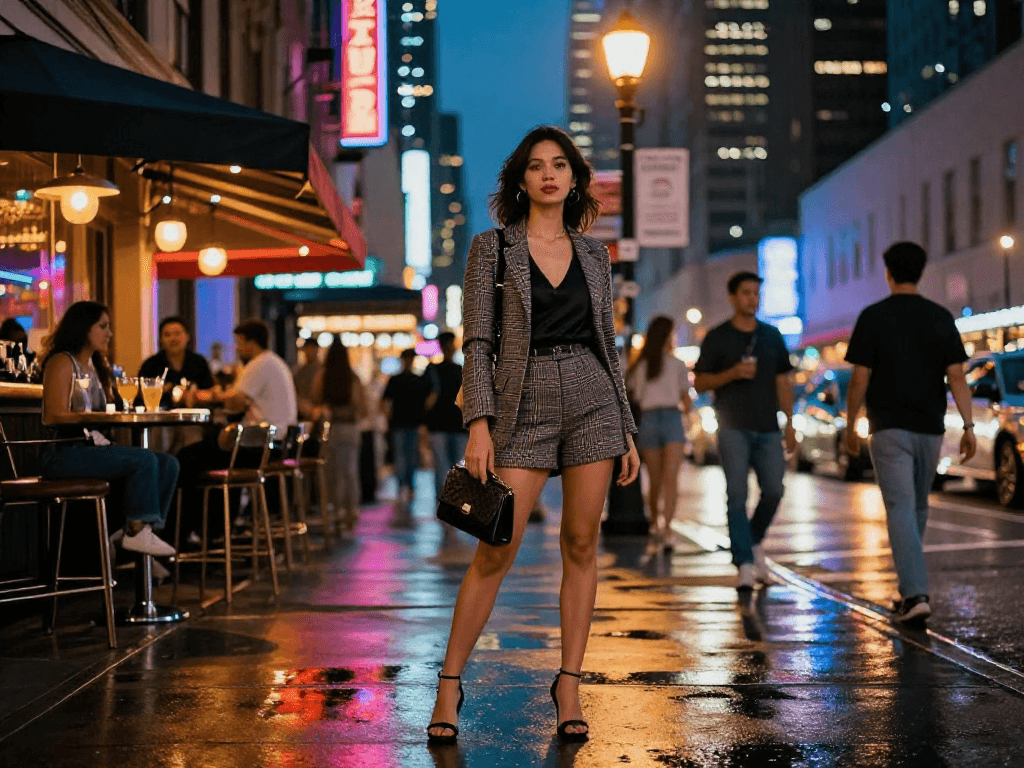 Gái gọi trong không khí hiện đại, tỏa sáng dưới ánh đèn neon tại phố phường sôi động.