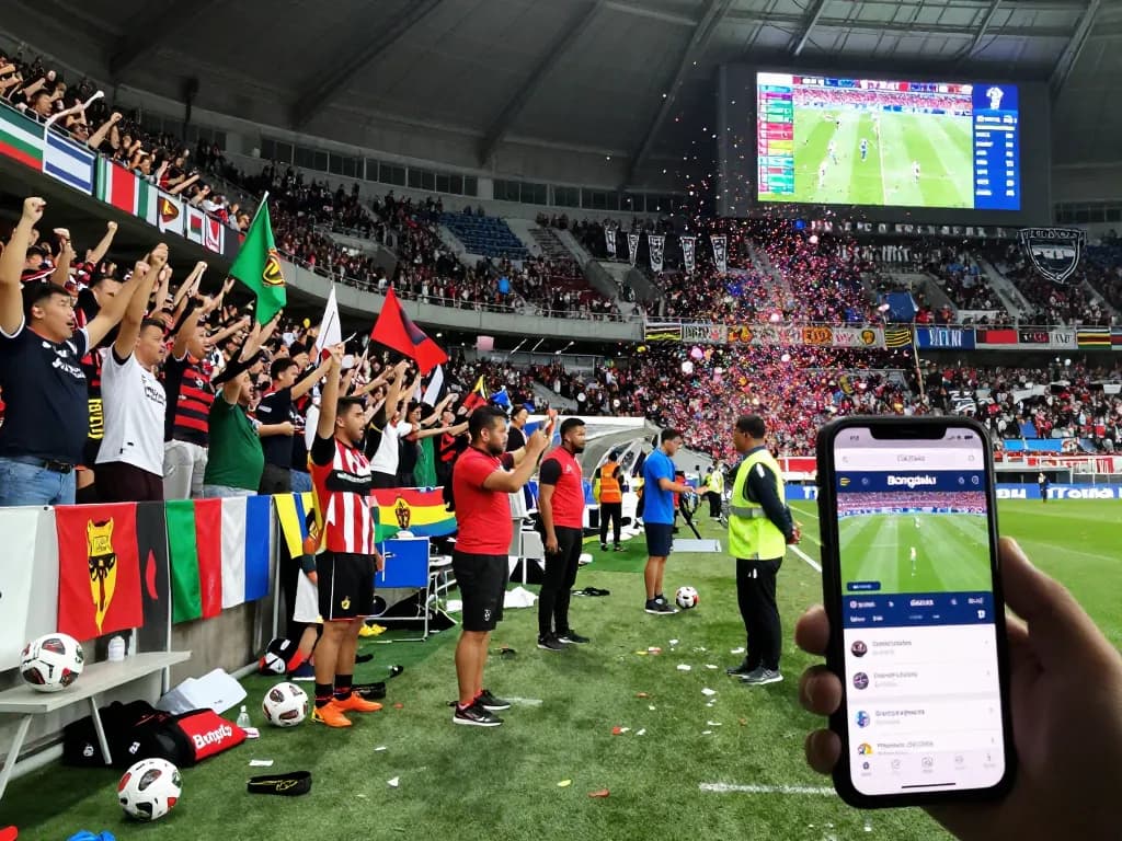 Live football match scene with fans cheering and displaying Bongdalu website for real-time sports updates.