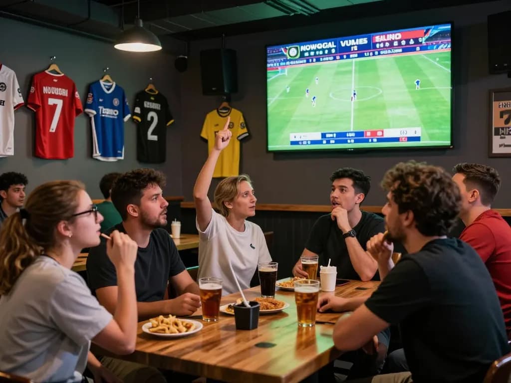 Fans celebrating while watching Nowgoal live soccer scores in a vibrant sports bar.