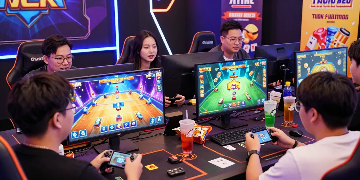 Players excitedly engaging in game bài đổi thưởng on colorful screens, showcasing a vibrant gaming atmosphere.