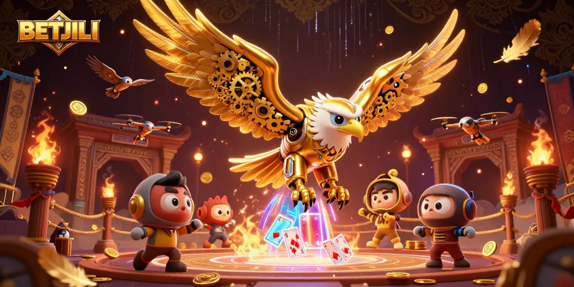 BETJILI showcases a dynamic 3D scene with a cybernetic eagle amidst vibrant casino elements.