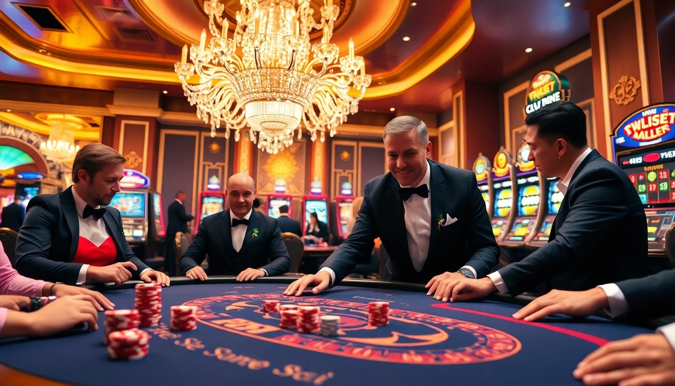 A thrilling game of 68 game bài featuring poker chips and a roulette table in a luxury casino setting.