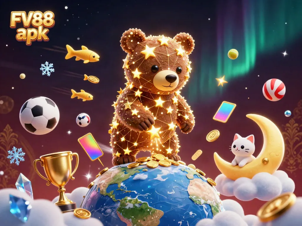 Win big with FV88 apk: a playful constellation bear and friends frolicking in a stellar casino scene.