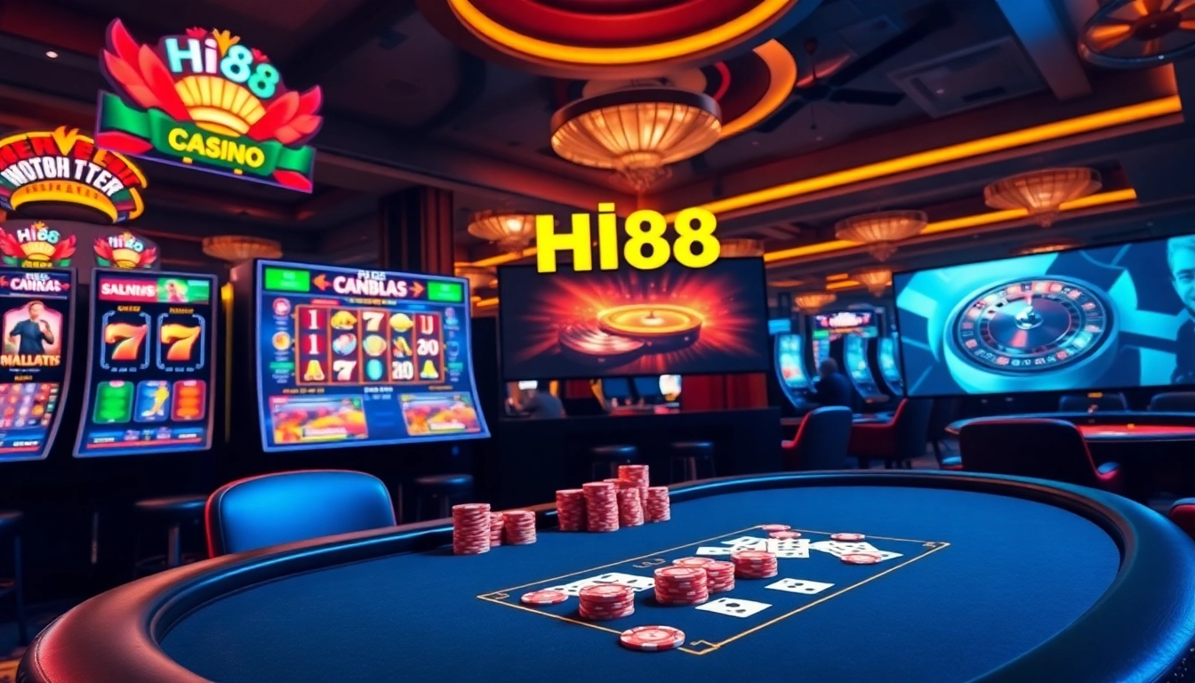 Hi88 online gambling interface with vibrant slot machines and poker tables showcasing exciting games.