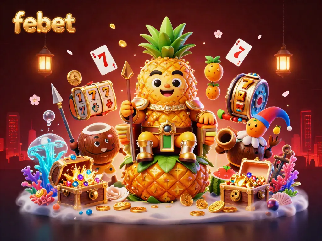 Experience big wins at febet with an engaging 3D scene featuring a pineapple king on a fruit throne amidst casino games.