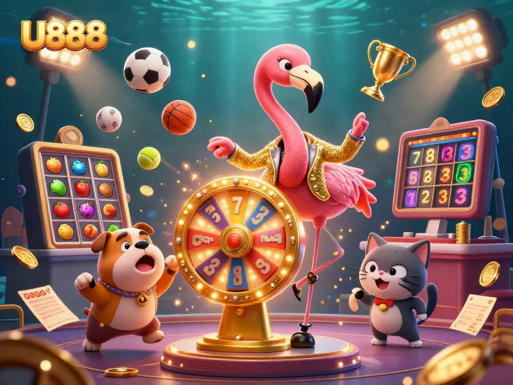 Spin the prize wheel at U888 with a vibrant 3D casino illustration full of excitement.