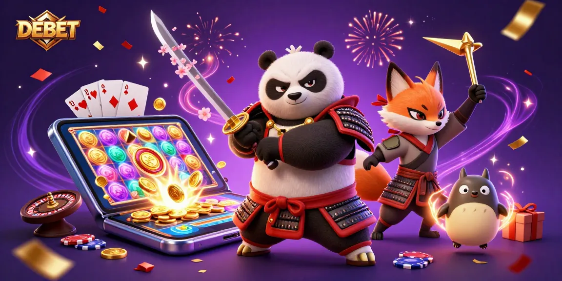 Experience the thrill of DEBET with a vivid illustration showing a samurai panda and ninja fox amidst dynamic casino elements.