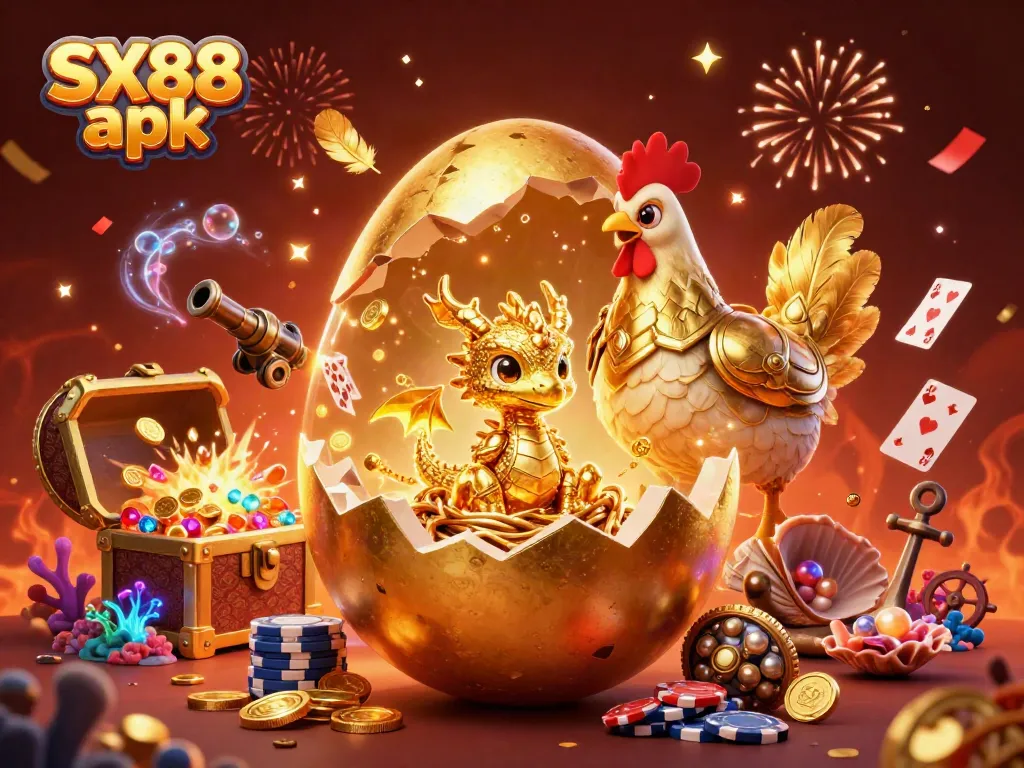 Experience the thrill of SX88 apk as golden creatures guard treasure amidst vibrant casino elements.