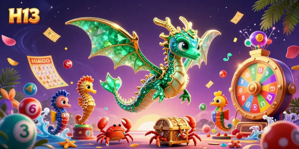 Experience the excitement of H13 as colorful lottery balls spin around a magical sea dragon and vibrant casino elements.
