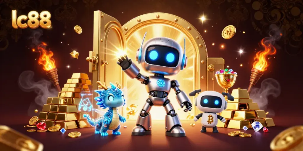 Engage with lc88’s thrilling gaming experience featuring vibrant characters and a treasure-filled backdrop.
