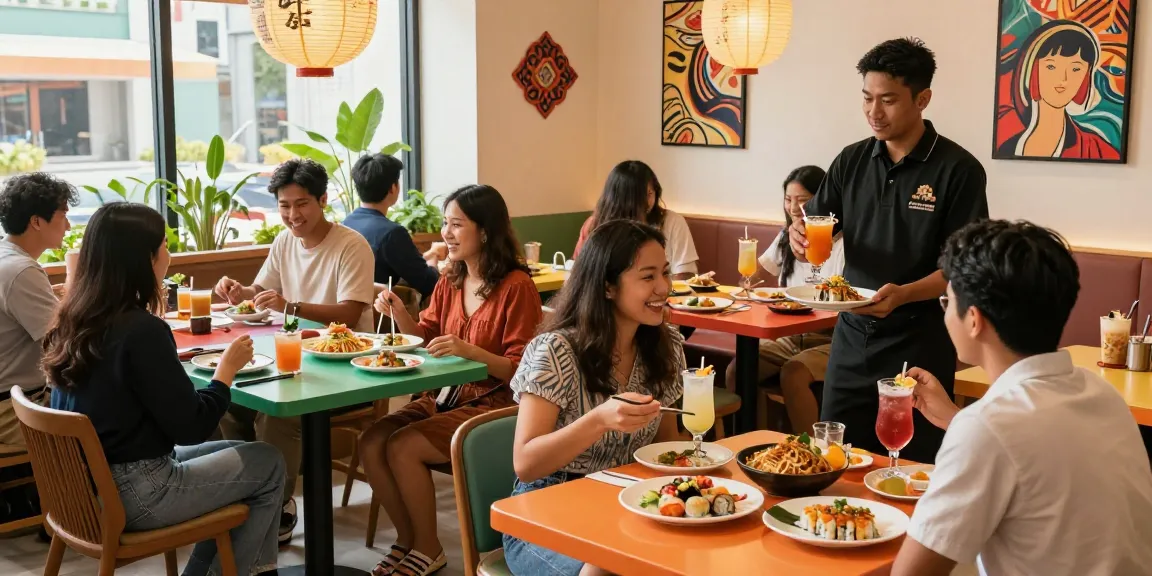 Guests relishing diverse dishes and cocktails at RED88 restaurant, highlighting cultural fusion and vibrant dining experience.