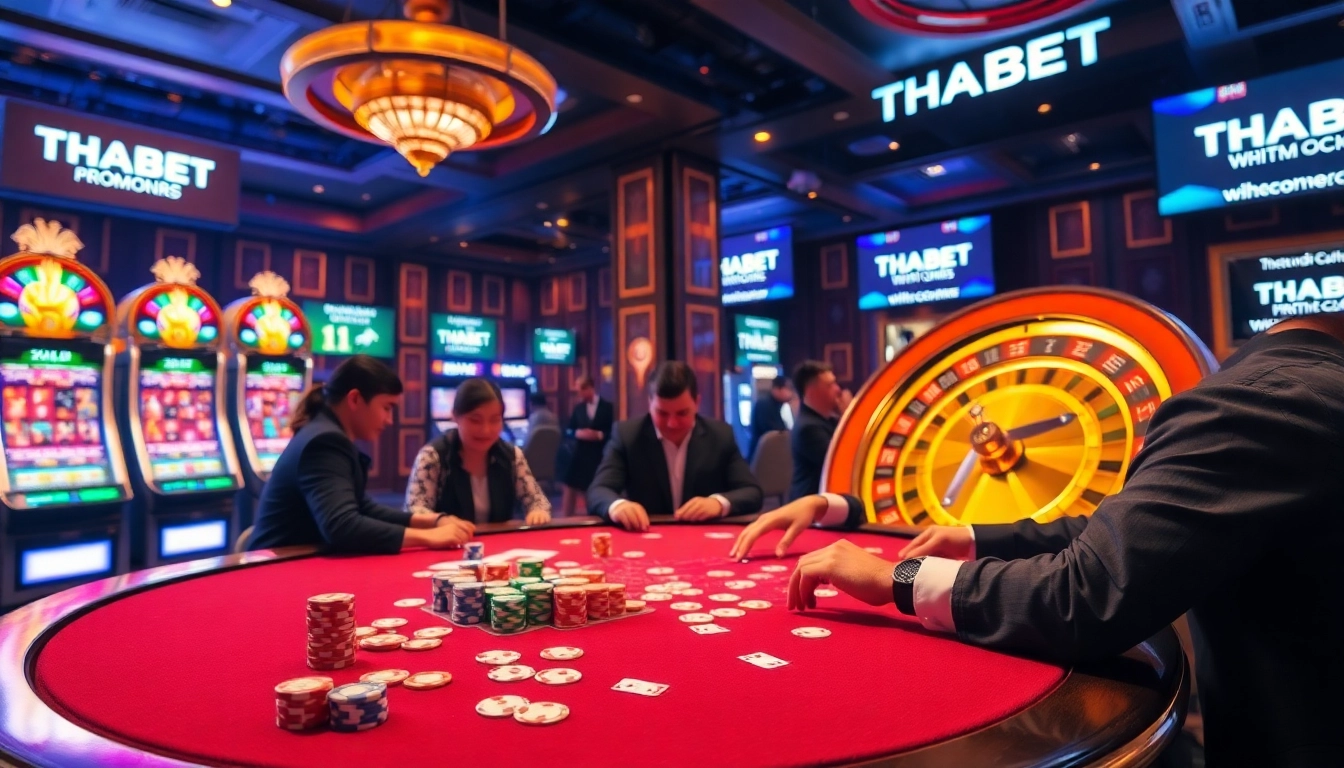 Engaging THABET casino experience with poker table, vibrant chips, and roulette wheel.