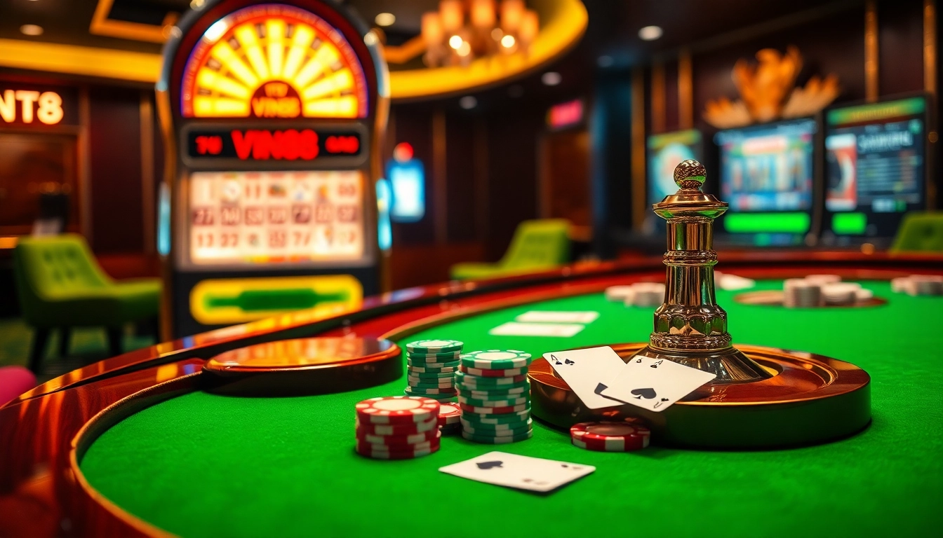 Experience casino excitement with VIN88 - vibrant gambling scene with poker chips and roulette.