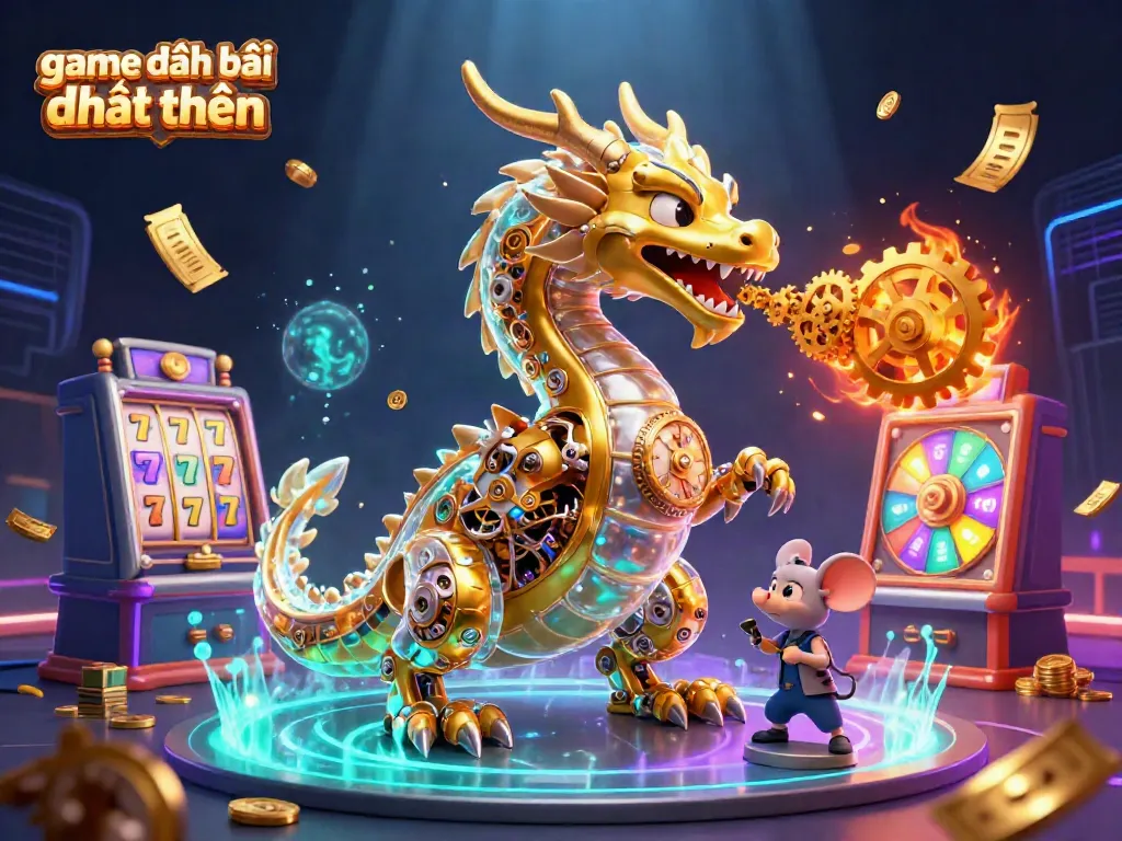 Experience game đánh bài đổi thưởng with a 3D dragon surrounded by slot machines and golden tickets in an engaging casino scene.