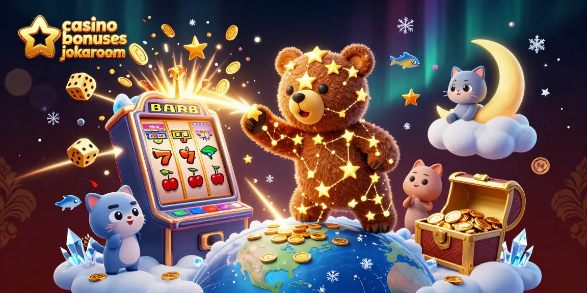Experience casino bonuses jokaroom with an enchanting 3D illustration of a golden bear, slot machines, and shiny coins!