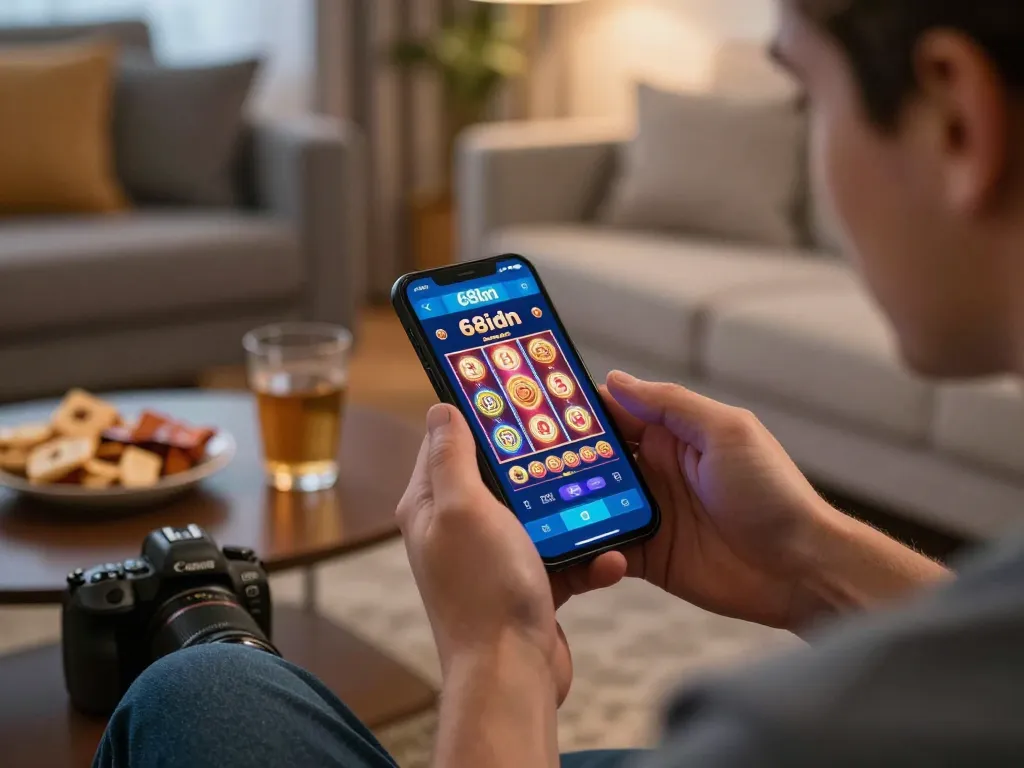 Pemain menikmati aplikasi kasino 68idn di smartphone mereka di lingkungan rumah yang nyaman sambil ngemil