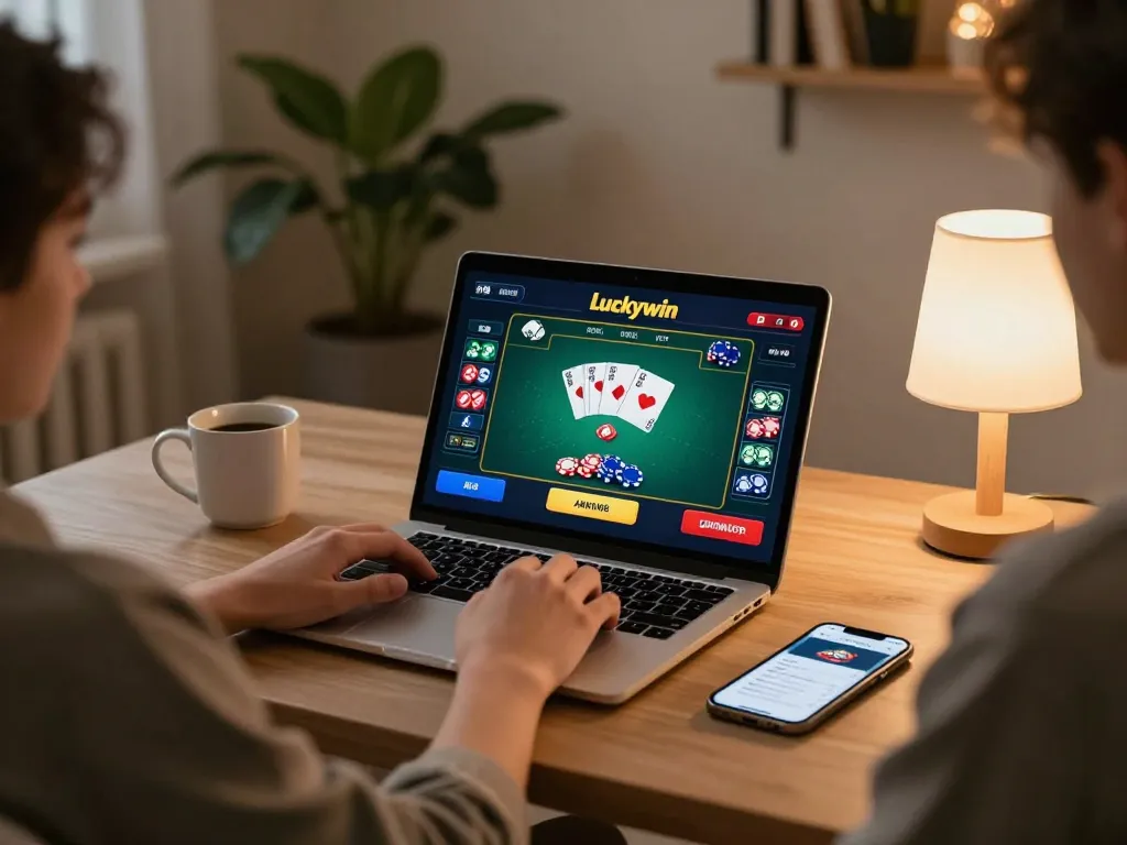 Engaged player at Luckywin online casino, using laptop for poker, showcasing chips and cards in a cozy home scene.