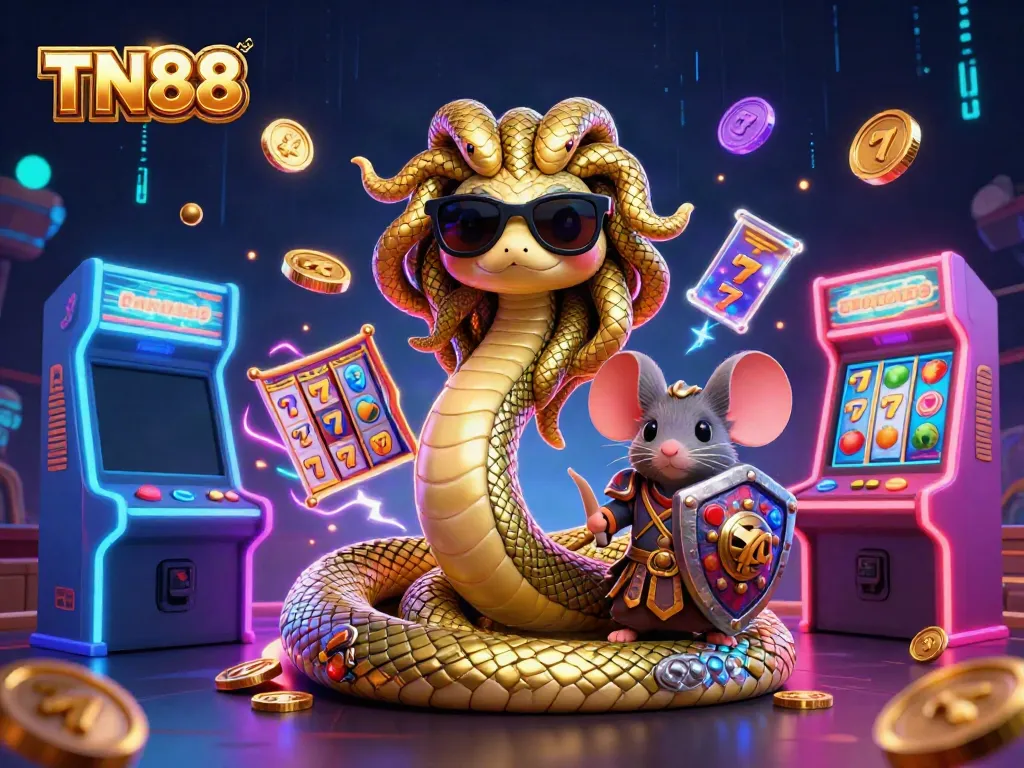 Experience the thrilling world of TN88 with a Medusa-themed 3D casino scene featuring slot reels and arcade machines.