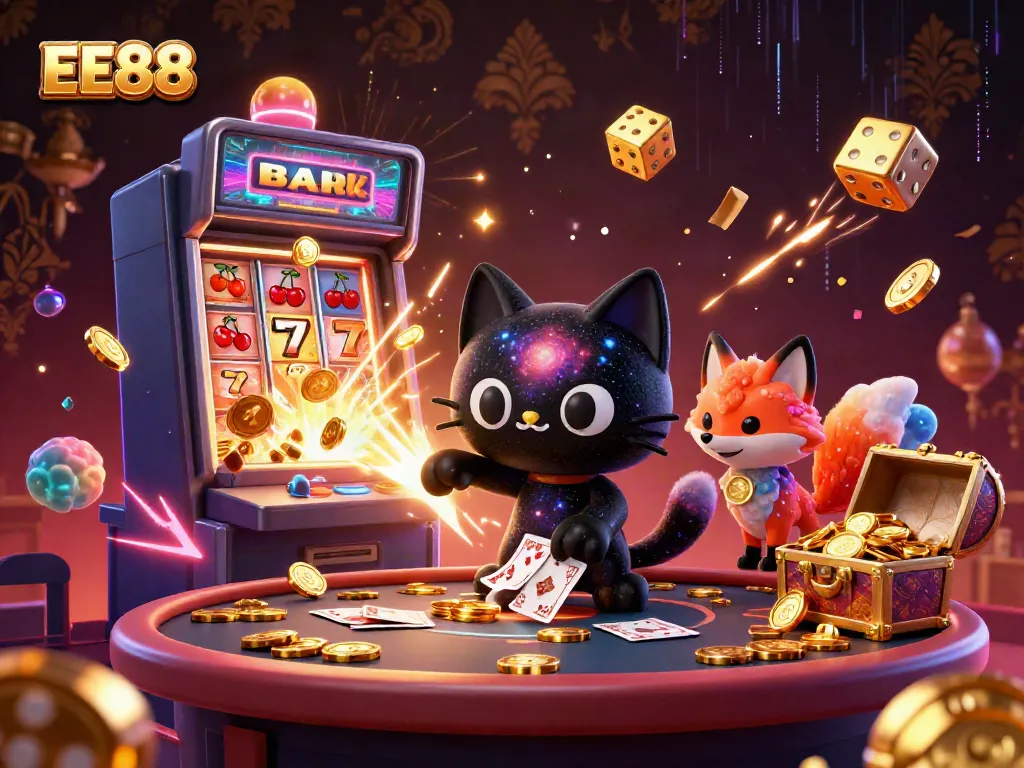 Experience the dynamic action of EE88 with a cosmic cat and vibrant casino elements in an ultra-detailed digital illustration.