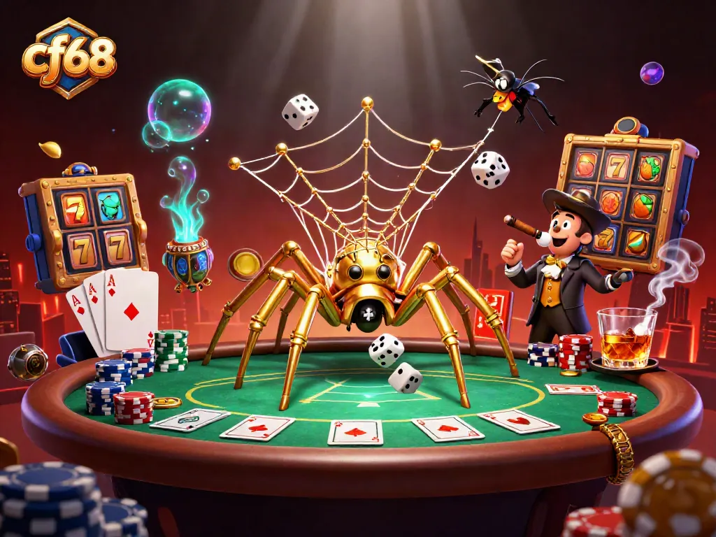Experience thrilling action with cf68's immersive golden spider poker scene filled with vibrant gaming elements.