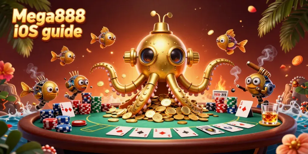 Explore the Mega888 iOS guide with a packed scene of a kraken submarine and poker elements.