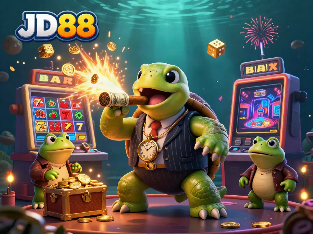 JD88 showcases a vibrant casino scene with a turtle mobster and bullfrog enforcers amidst a jackpot explosion.