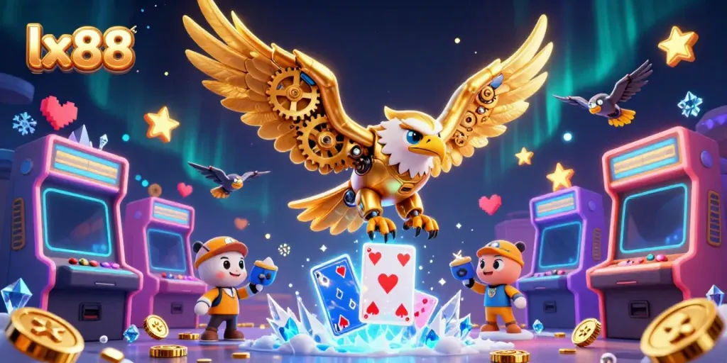 Experience thrilling gaming with lx88's vibrant casino scene featuring a golden eagle amidst playing cards.