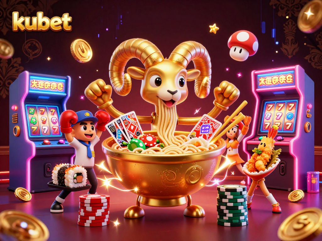 Engage with kubet's vibrant casino scene featuring a ramen bowl dealer and exciting game elements.