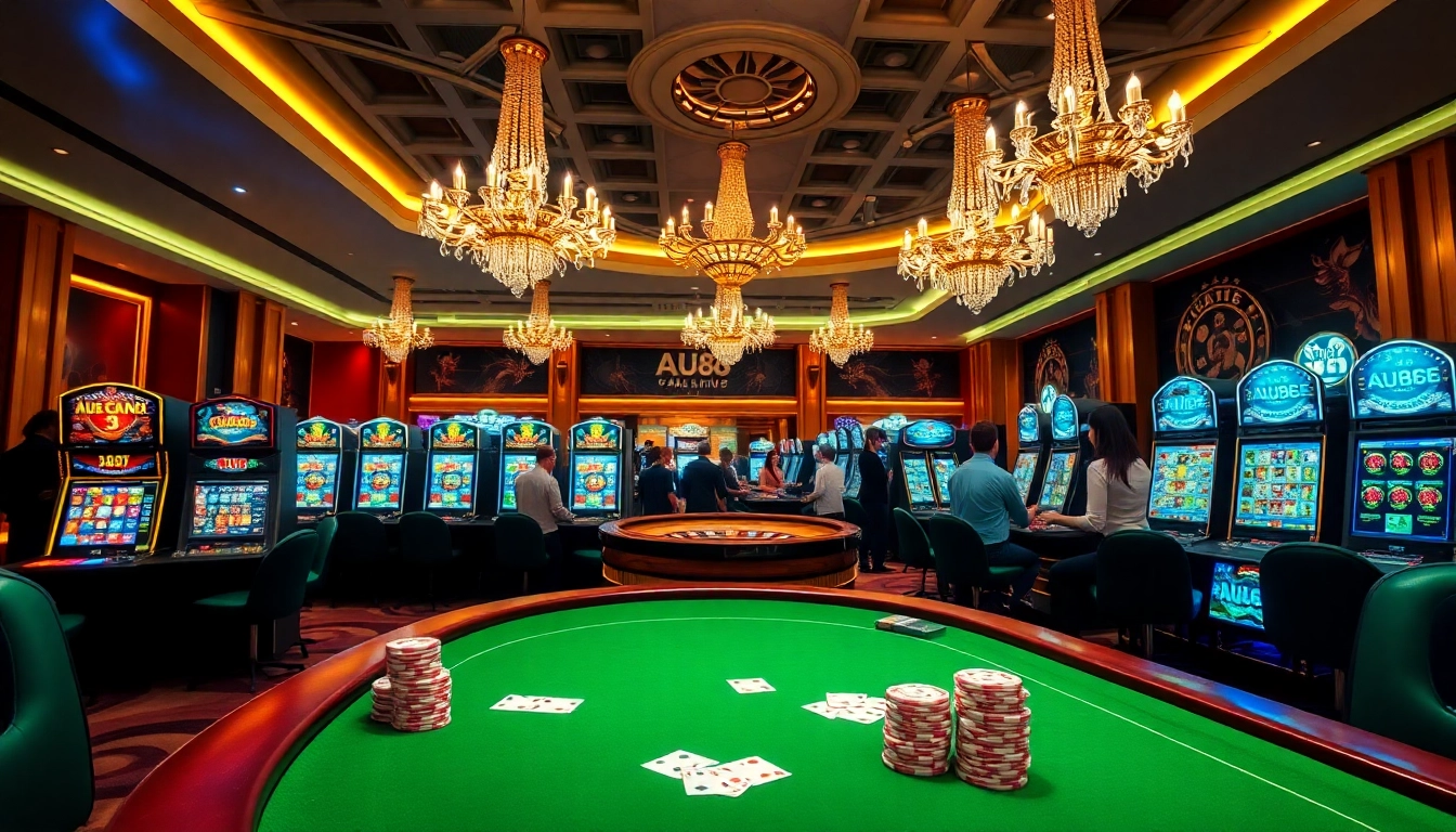 Energetic poker game at the AU88-themed casino with vibrant lights and stunning decorations.