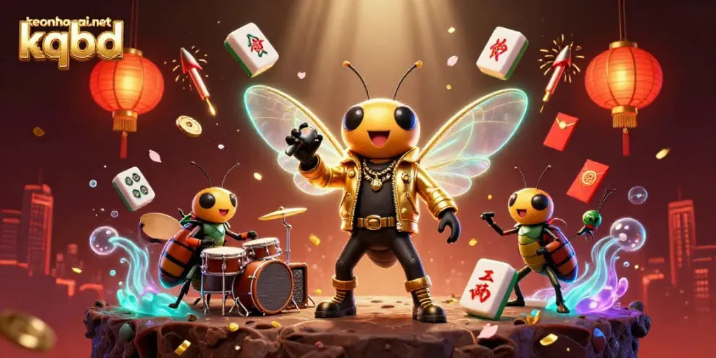 Dynamic scene from keonhacai.net kqbd showcasing a cicada rock star and beetle drummer in a vibrant casino-themed atmosphere.