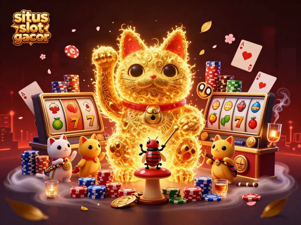Experience the thrill of situs slot gacor with vibrant 3D illustrations of lucky symbols and golden fireflies.