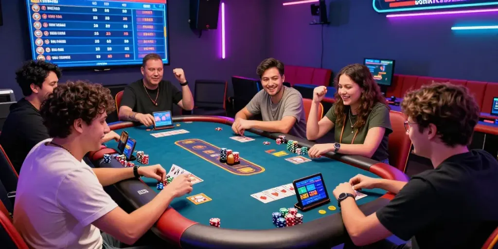 Exciting scene of players enjoying 3 Patti no1 card game in a lively setting with vibrant colors and cheering friends.