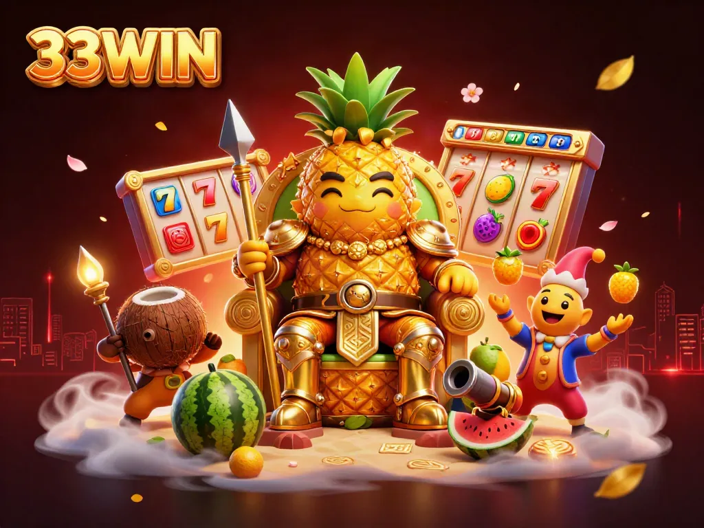 Engage with thrilling 33WIN casino slots featuring a golden pineapple king in a vibrant beach setting.
