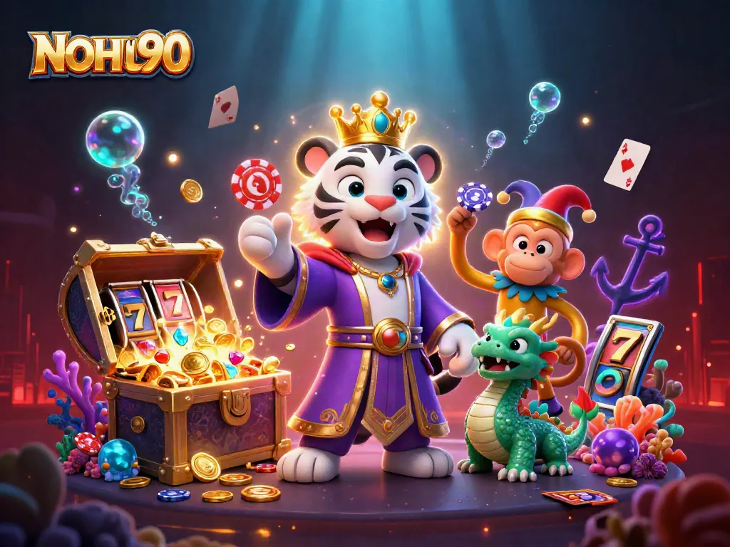 Experience the excitement of NOHU90 with vibrant characters and jackpot elements in this dynamic illustration.