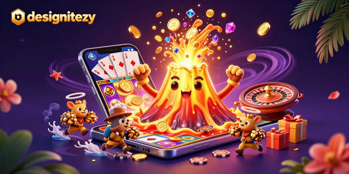 Engage in thrilling gameplay at designitezy with exhilarating slots and a treasure-filled volcano backdrop.