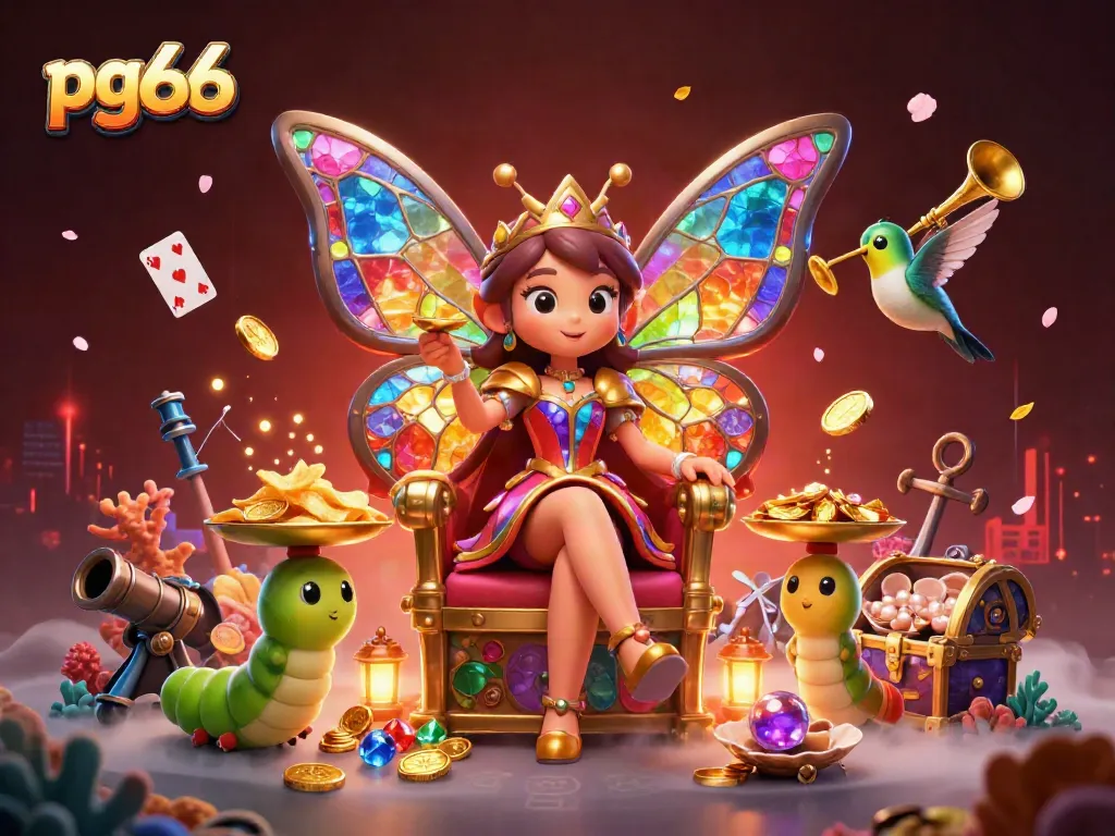 Experience thrilling gaming at pg66 with a vibrant 3D scene featuring a butterfly queen and treasure elements.