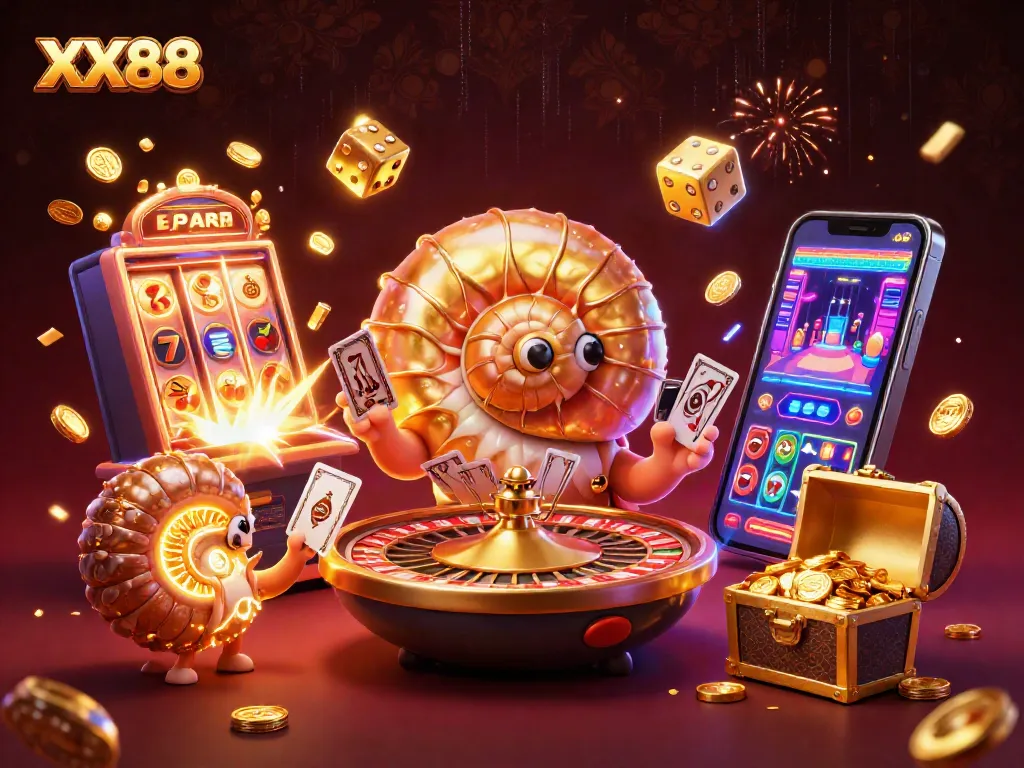 Experience the excitement of XX88 with a thrilling 3D casino scene featuring colorful slot machines and vibrant game elements.