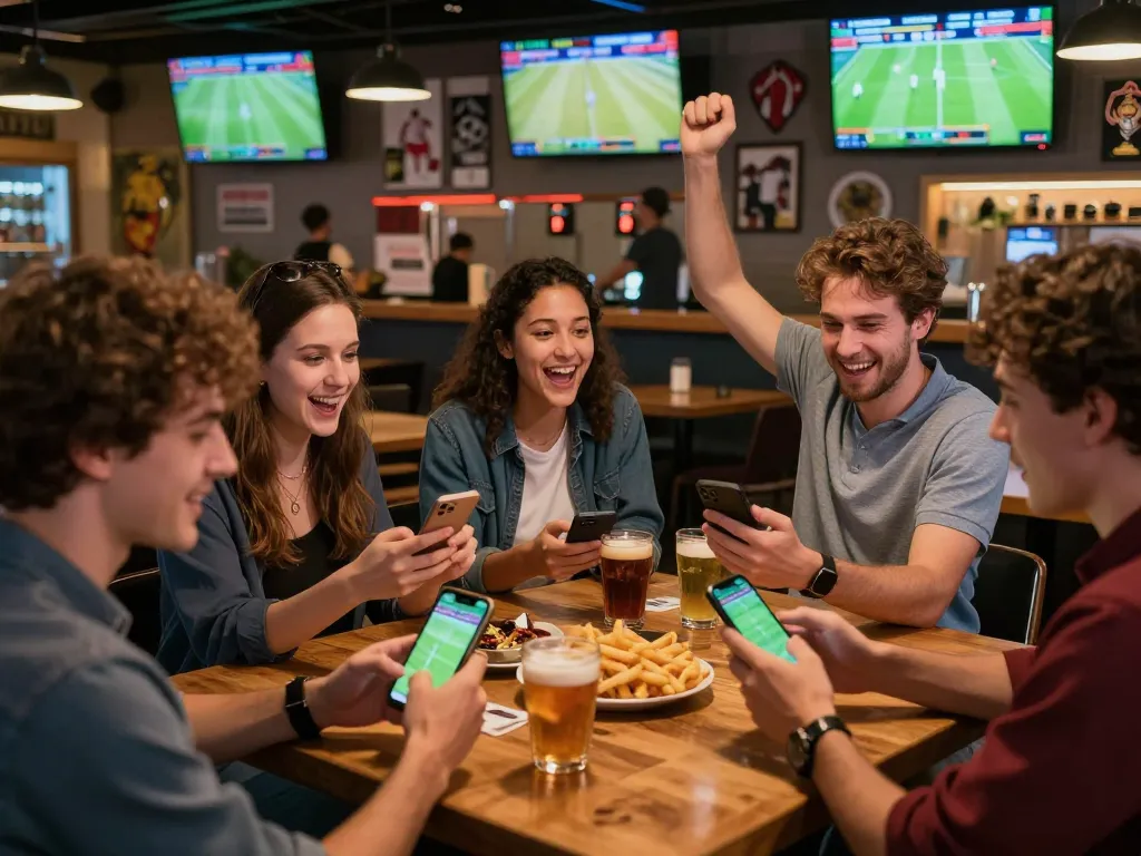 Watch live sports betting on Okwintv while friends discuss strategies and odds at a lively bar.