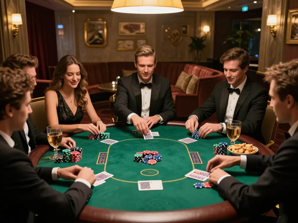 Fun88 players enjoying an interactive poker game with vibrant chips and warm ambiance
