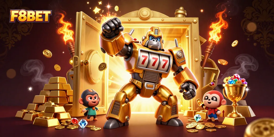 Engage with F8BET's thrilling casino games, highlighted by a golden gorilla mech and rich treasures.
