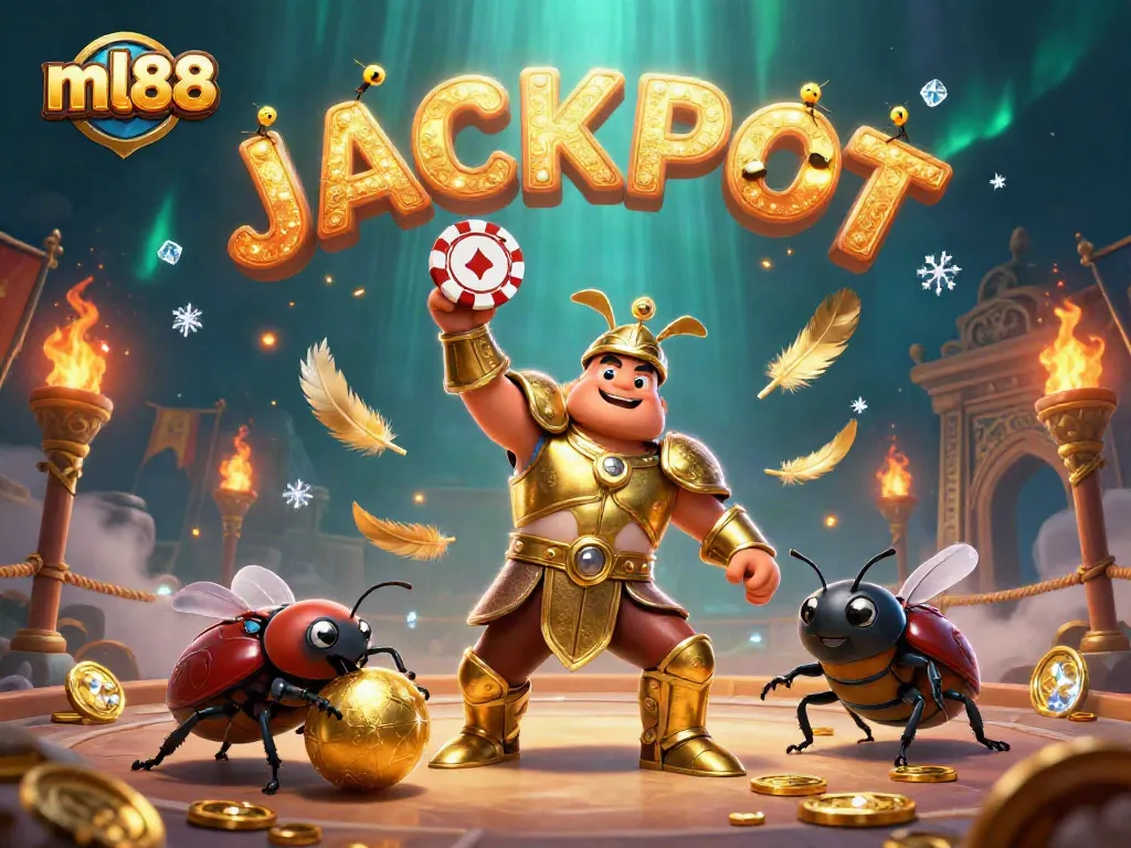 ml88 celebrates casino victories with a heroic beetle lifting a poker chip in a vibrant scene.