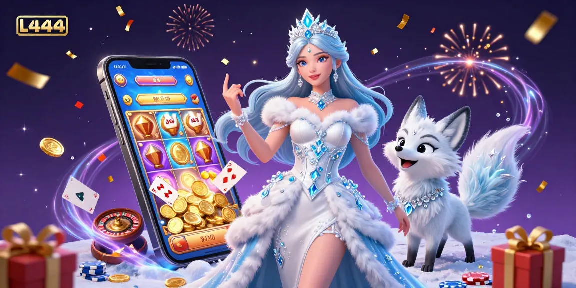 L444 slot game illustration featuring a glamorous woman and an arctic fox amidst vibrant casino elements, showcasing an engaging gambling experience.