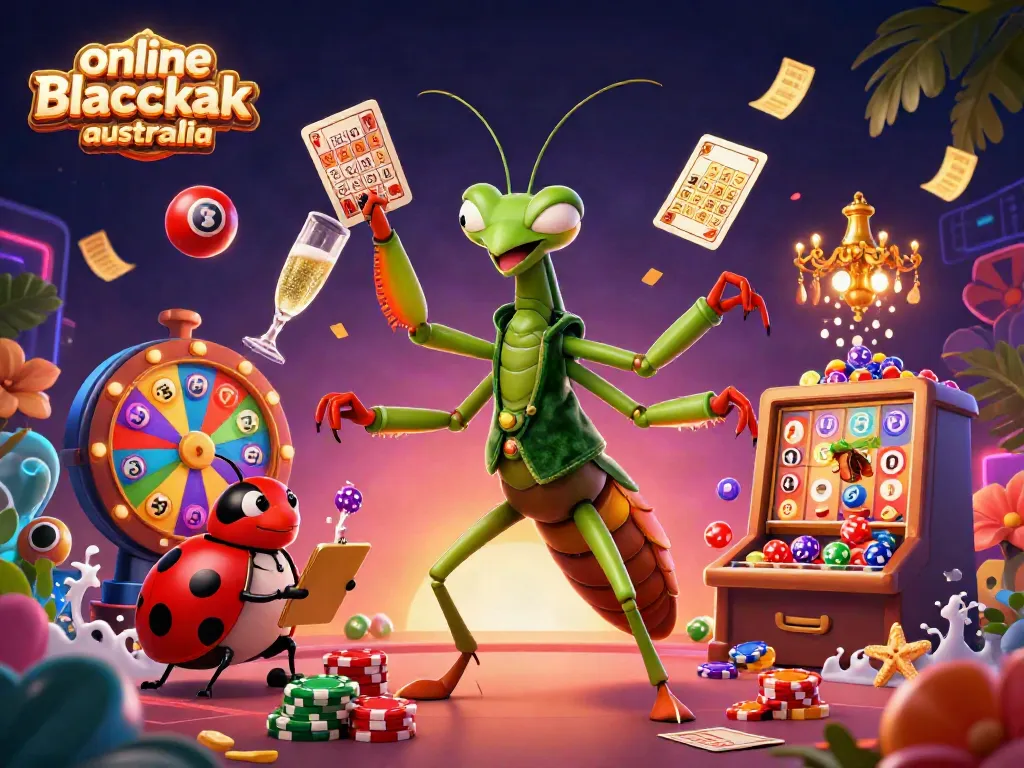 Engage in online blackjack Australia with a colorful, animated casino scene featuring a mantis card sharp and ladybug pit boss.