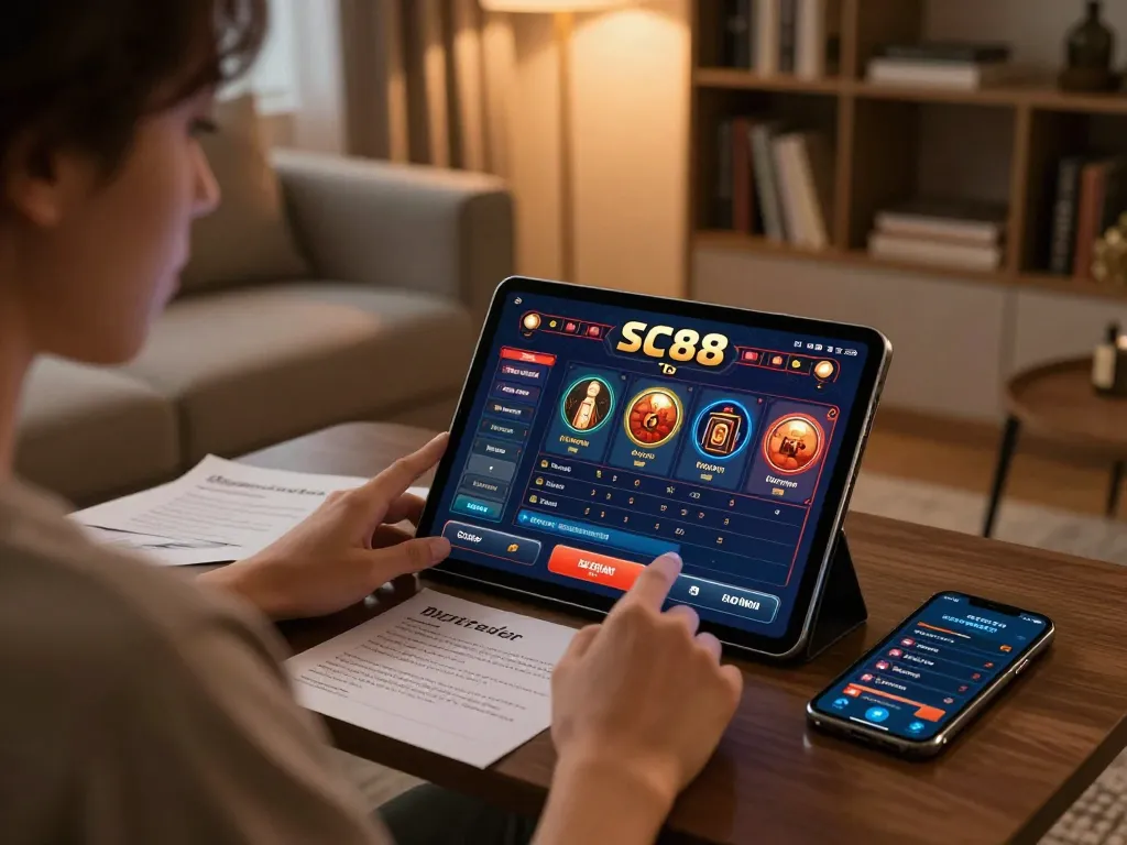 Engaging in SC88 To online gaming strategy at home with focused tablet screen