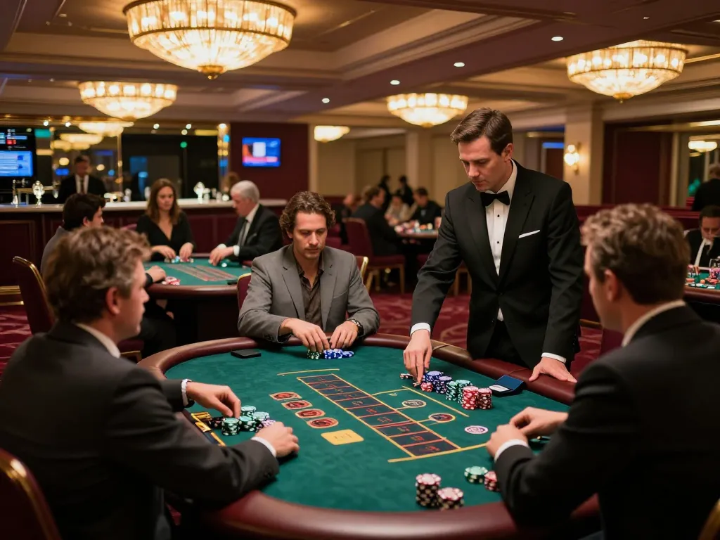 KJC players strategizing at glamorous blackjack tables in a luxury casino environment.
